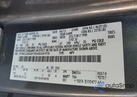 2013 Ford Escape Se from USA, damaged, VIN 1FMCU0GX1DUD33175